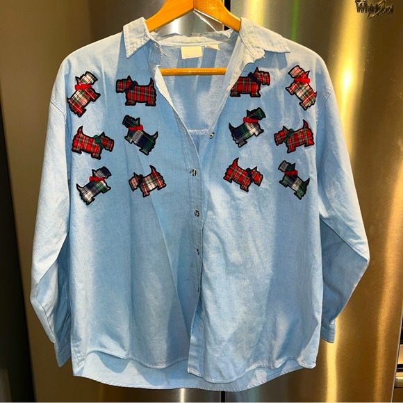 Scottish DOG tartan plaid Jean shirt Embroidered Long Sleeve Button Shirt 18W 2X - Picture 1 of 13